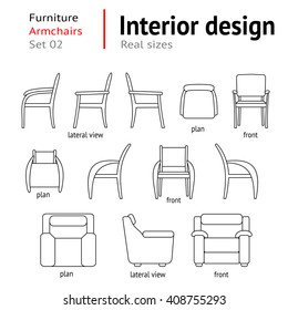 Architectural thin line icons set. Furniture. Seats, chairs, armchairs. Interior elements. Plan, front, lateral views. Office facility. Standard size. Vector