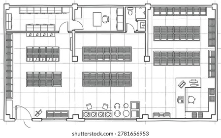 Architectural top down detailed music store retail floor plan blueprint with diverse audio equipment layout for design concept on