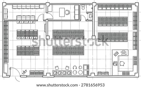 Architectural top down detailed music store retail floor plan blueprint with diverse audio equipment layout for design concept on