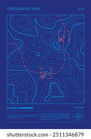 Architektonische topographische Bauplan-Zeichnung, Reliefkontur Poster gesetzt. Abstrakte Linie stellt Landhöhe mit minimalistischem Kunststil-Design auf blauem Hintergrund dar. Kartografisches Kartenmuster