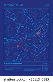 Projeto topográfico arquitetônico desenho do plano do local, conjunto de cartazes do contorno do relevo. A linha abstrata representa a elevação da terra com design de estilo de arte minimalista em fundo azul. Padrão de mapa cartográfico