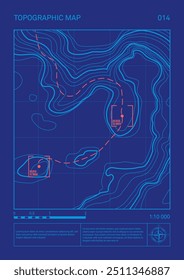 Dibujo de Plan del sitio del plano topográfico arquitectónico, conjunto de carteles de contorno en relieve. La línea Abstractas representa la elevación de la tierra con un diseño de estilo de arte minimalista sobre fondo azul. Patrón de mapa de cartografía