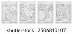 Architectural topographic drawing, relief contour posters set. Abstract line represents land elevation with minimalist art style design. Cartography map pattern. Modern monochrome brutalism print