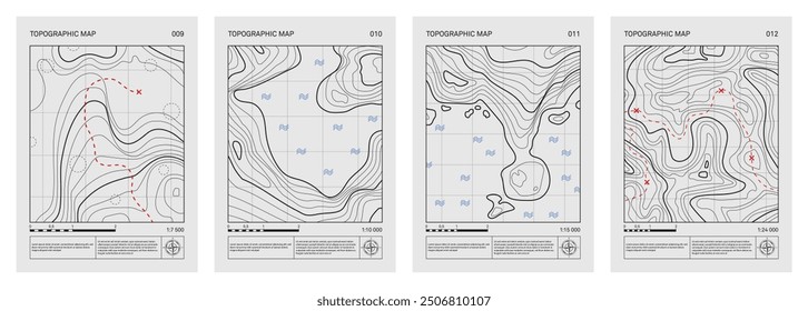 Architektonische topographische Zeichnung, Reliefkontur Poster Set. Abstrakte Linie stellt Landhöhe mit minimalistischem Kunststil-Design dar. Kartographie-Kartenmuster. Moderner monochromer Brutalismus