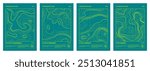 Architectural topographic site plan drawing, relief contour posters set. Cartography map pattern, abstract line represents land elevation with minimalist art style poster design on green A4 paper.