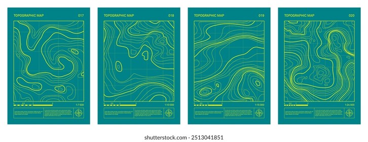 Dibujo de Plan del sitio topográfico arquitectónico, conjunto de carteles de contorno en relieve. Patrón de mapa de cartografía, línea abstracta representa la elevación de la tierra con diseño de póster de estilo de arte minimalista en papel A4 verde.