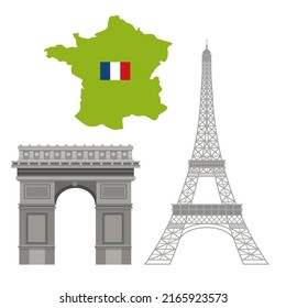 Architectural travel landmarks of France. Map and flag.