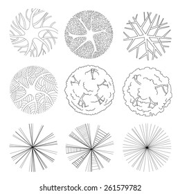 Architectural trees set for drawing on white background