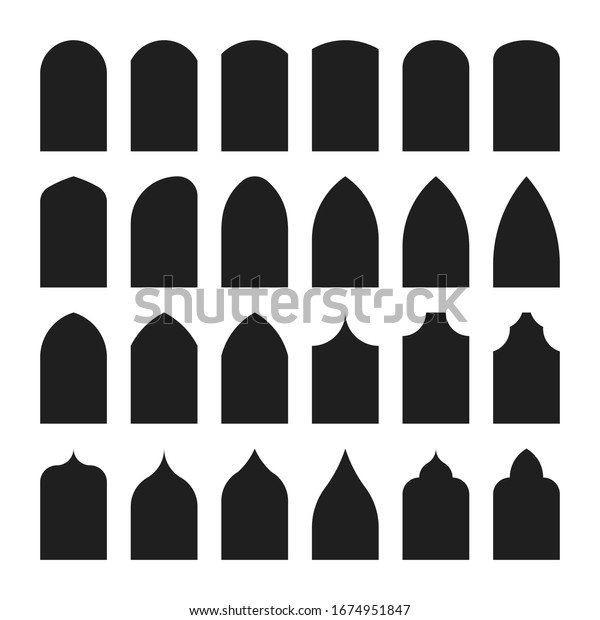 Architectural\
type of arches shapes and forms. Traditional western and Islamic\
culture design. Arch, door and window design big collection. Vector\
silhouette isolated on white\
background