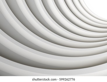 Architectural vector 3d background. Modern white concrete arched composition in perspective. Semicircular shapes. The light in the end.