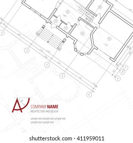Architectural vector background. Gray building plan silhouette and A-letter logo architecture and design company.