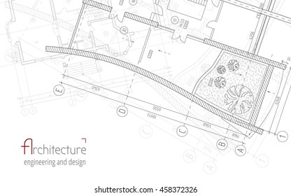 Architectural vector background. Gray building plan silhouette and logo architecture, engineering and design company.