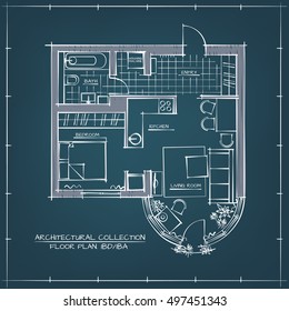 Architectural Vector Blueprint Floor Plan. One Bedroom Studio Apartment.