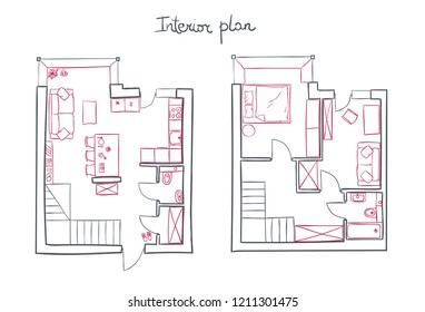 Architectural vector drawing, modern apartment plan with furniture