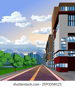 Architectural Vector Drawing of One Point Perspective with Detailed Objects