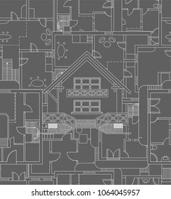 Architectural vector seamless background with handwritten technical drawings and house plans 