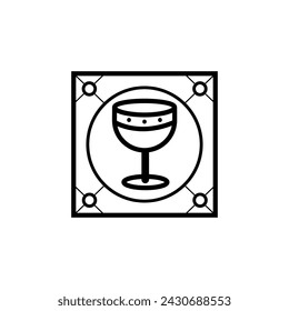 Architectural vector sketch. A black and white Gothic church window with a square design and an image of a central bowl, set against an isolated background, simulating stained glass.