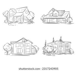 Architectural vector sketch of a modern detached house. House and trees on a white background.