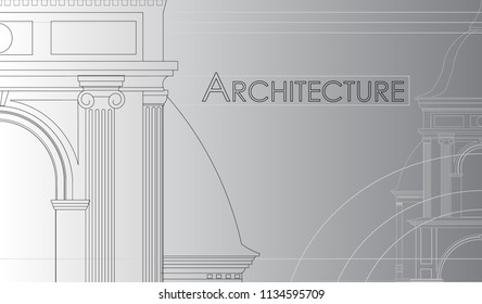Architectural wallpaper, background for printing business cards, brochures. Vector drawing of a church building on a gradient background in an abstract composition. Outline scheme, blueprint drawing