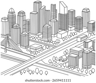 Susurros arquitectónicos en el paisaje urbano entintado. Ilustración vectorial