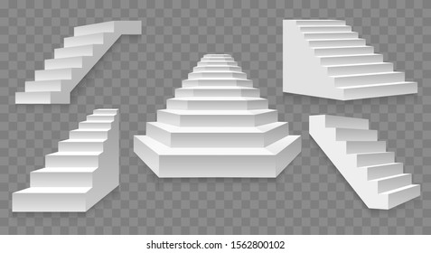 Escaleras blancas arquitectónicas. Imágenes de escaleras aisladas en fondo transparente, diseños abstractos de escaleras modernas para conceptos creativos, escaleras exteriores simples con sombra