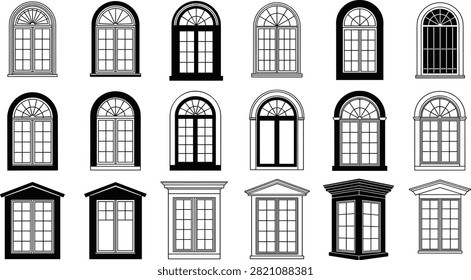 Architectural window design, classic frame, modern pane, arched style, rectangular structure, silhouette vector, building detail, home decor, illustration, reference
