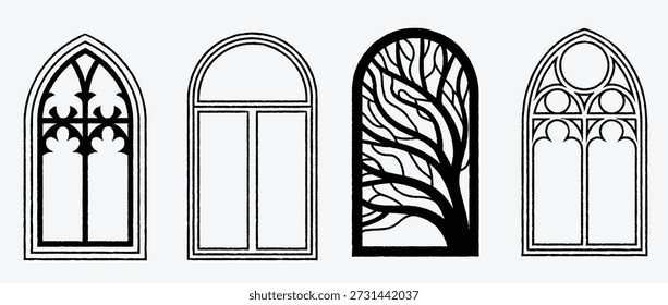architectural window designs in black and white illustration