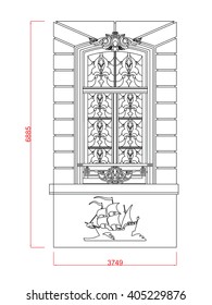 Architectural  window  vector line work black paint with dimension
