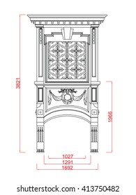 Architectural window vector line work black paint with dimension