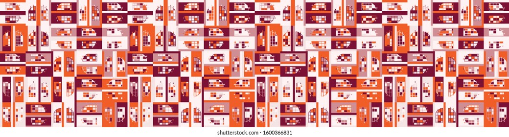 Architectural windows vector seamless banner pattern. Paper cut style collage border background. Urban glass facade band for vacation brochure. Travel tourism ribbon trim edge. Modern style .