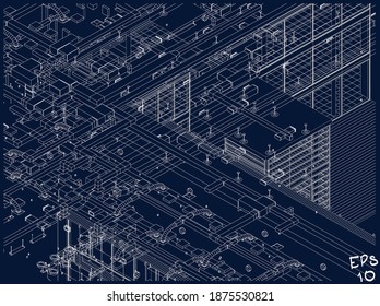 Architectural wireframe BIM design 3d illustration blueprint