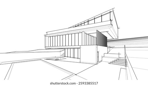  Architectural Wireframe. Modern House Building Design in Digital Sketch Style	
