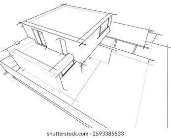  Architectural Wireframe. Modern House Building Design in Digital Sketch Style	
