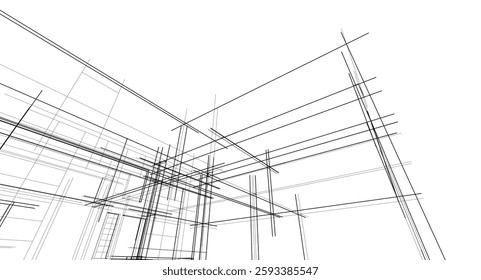  Architectural Wireframe. Modern House Building Design in Digital Sketch Style	
