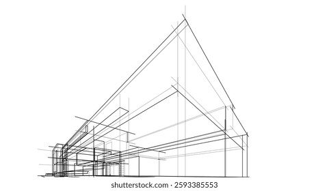  Architectural Wireframe. Modern House Building Design in Digital Sketch Style	
