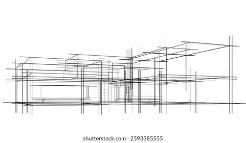  Architectural Wireframe. Modern House Building Design in Digital Sketch Style	
