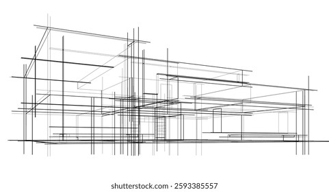  Architectural Wireframe. Modern House Building Design in Digital Sketch Style	
