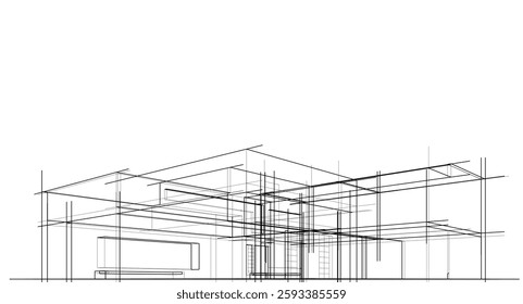  Architectural Wireframe. Modern House Building Design in Digital Sketch Style	
