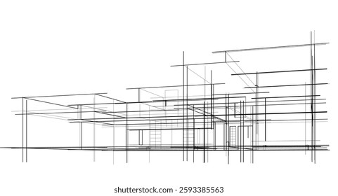  Architectural Wireframe. Modern House Building Design in Digital Sketch Style	
