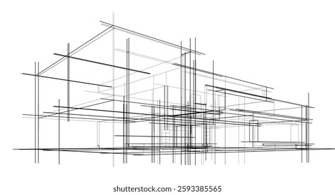  Architectural Wireframe. Modern House Building Design in Digital Sketch Style	
