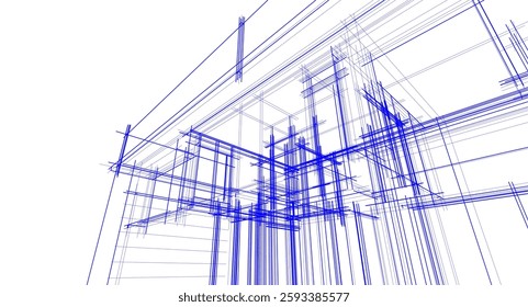  Architectural Wireframe. Modern House Building Design in Digital Sketch Style	

