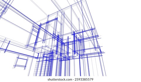  Architectural Wireframe. Modern House Building Design in Digital Sketch Style	
