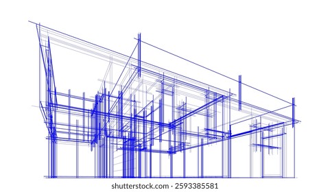  Architectural Wireframe. Modern House Building Design in Digital Sketch Style	
