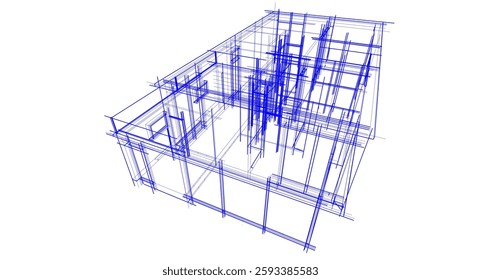  Architectural Wireframe. Modern House Building Design in Digital Sketch Style	
