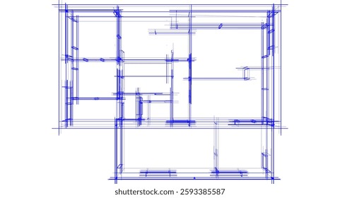  Architectural Wireframe. Modern House Building Design in Digital Sketch Style	

