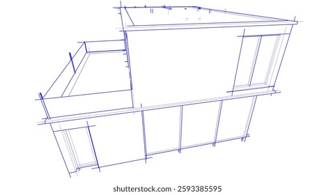  Architectural Wireframe. Modern House Building Design in Digital Sketch Style	
