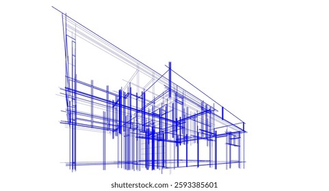  Architectural Wireframe. Modern House Building Design in Digital Sketch Style	

