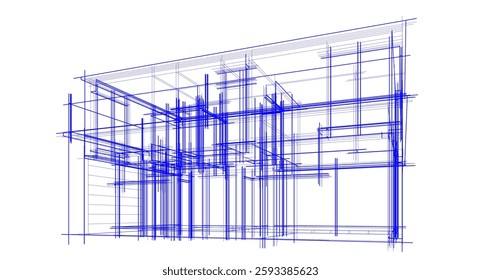  Architectural Wireframe. Modern House Building Design in Digital Sketch Style	
