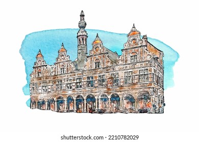 Architecture Aalst belgium watercolor hand drawn illustration isolated on white background