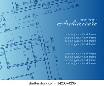 Architecture abstract background for design. Architectural drawings on blue background. Detailed plan. Graphic design elements. Architecture concept. Vector Illustration 